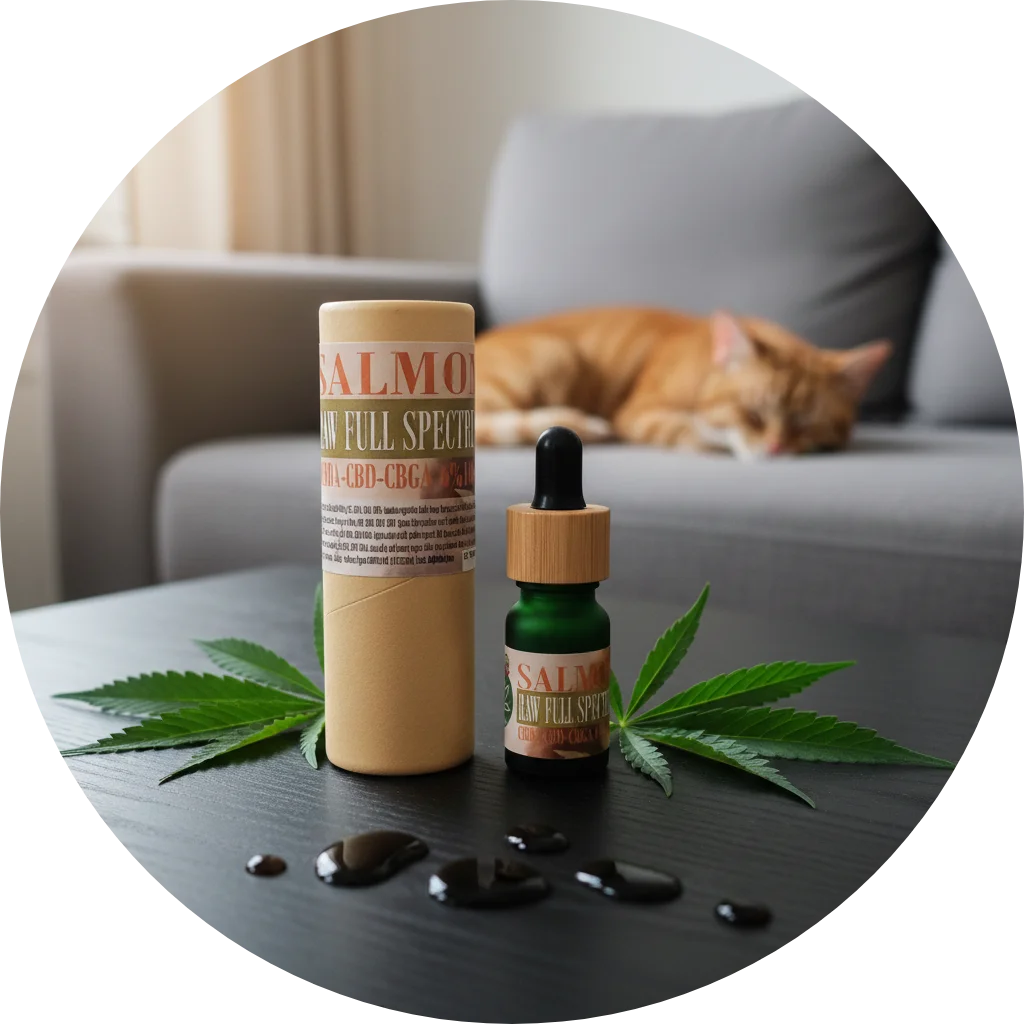 CBDITALY CBD-CBDA RAW viso spektro lašišų aliejus 6% Pets Line lašintuvo buteliukas kraft pakuotėje ant stalo, fone ilsisi katė