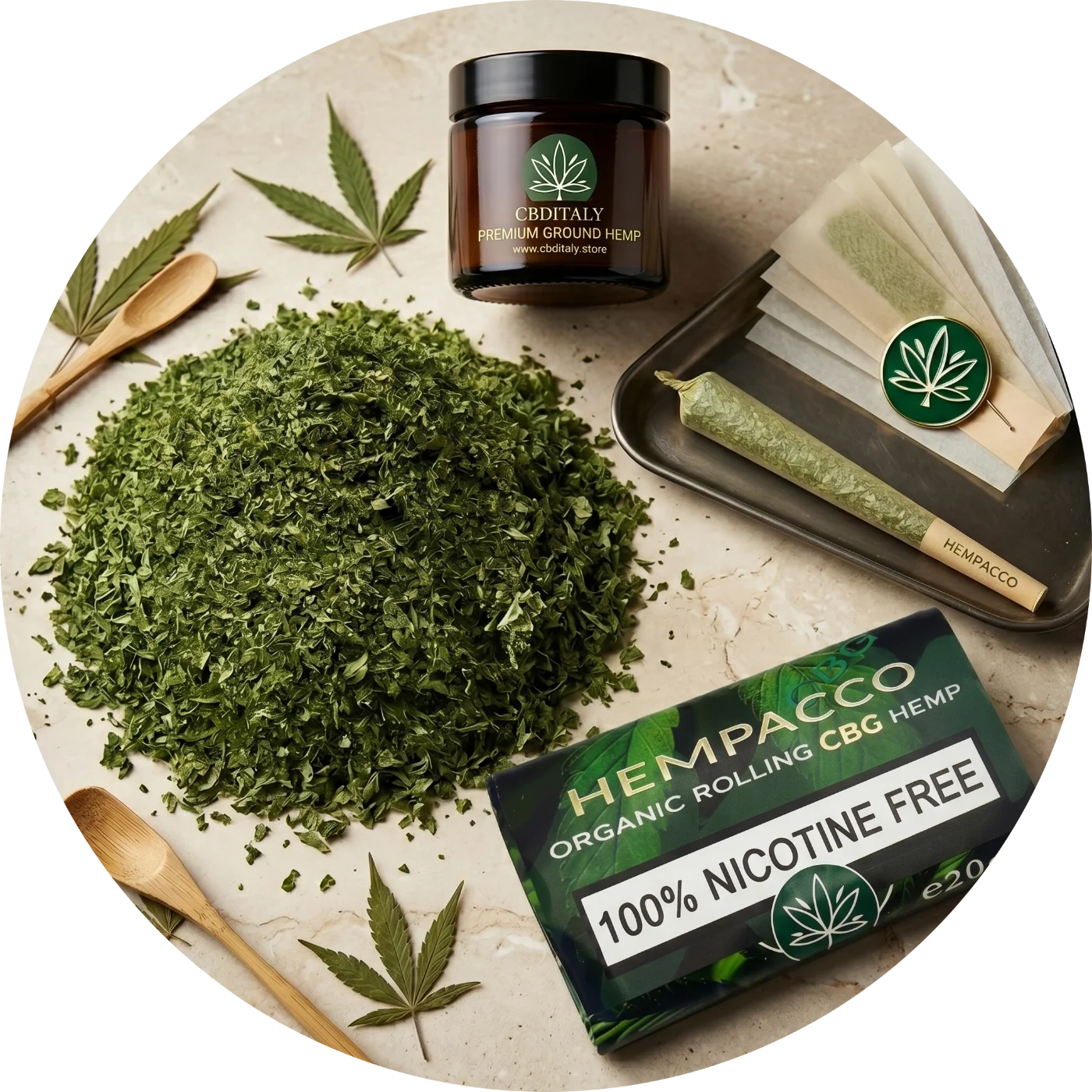 CBDITALY Hempacco CBG 7% 20g biri kanapių mišinys su cigarečių popieriais ir gintarinio stiklo indeliu, 100% be nikotino