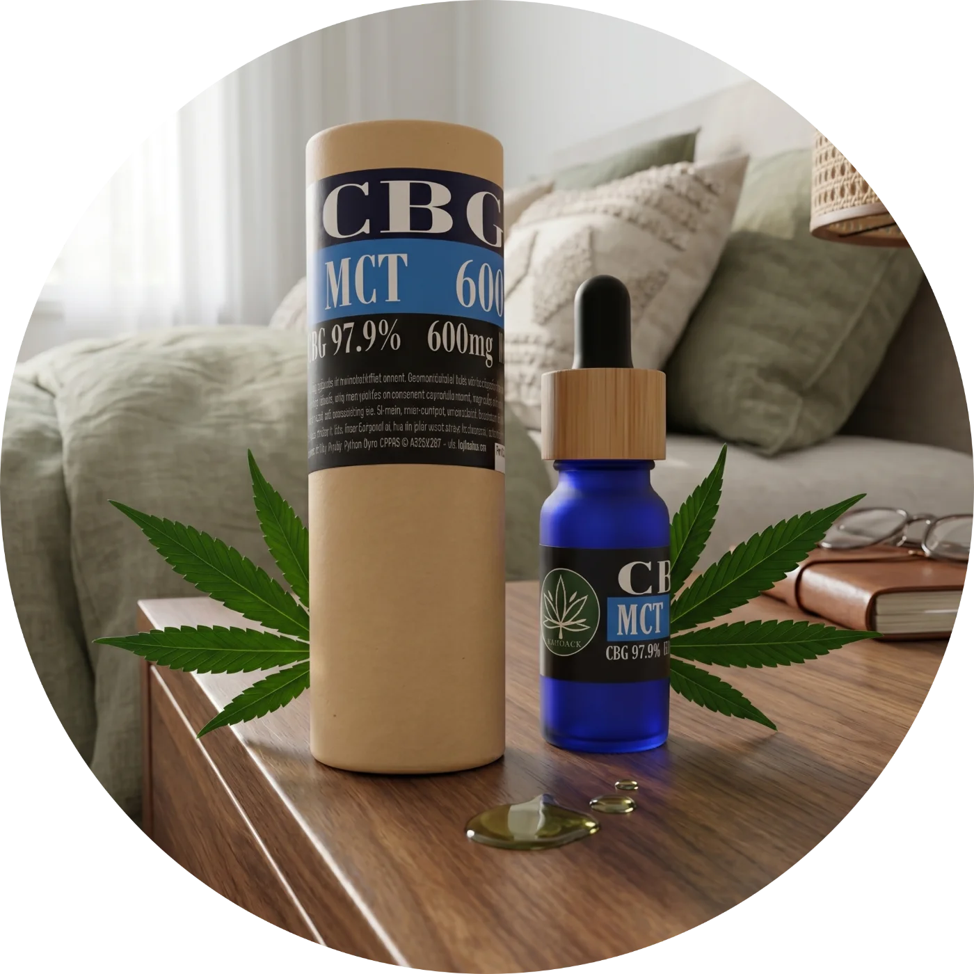 CBDITALY CBG MCT aliejus 6% 600mg be THC Sportline mėlynas stiklinis buteliukas kraft pakuotėje ant naktinio staliuko