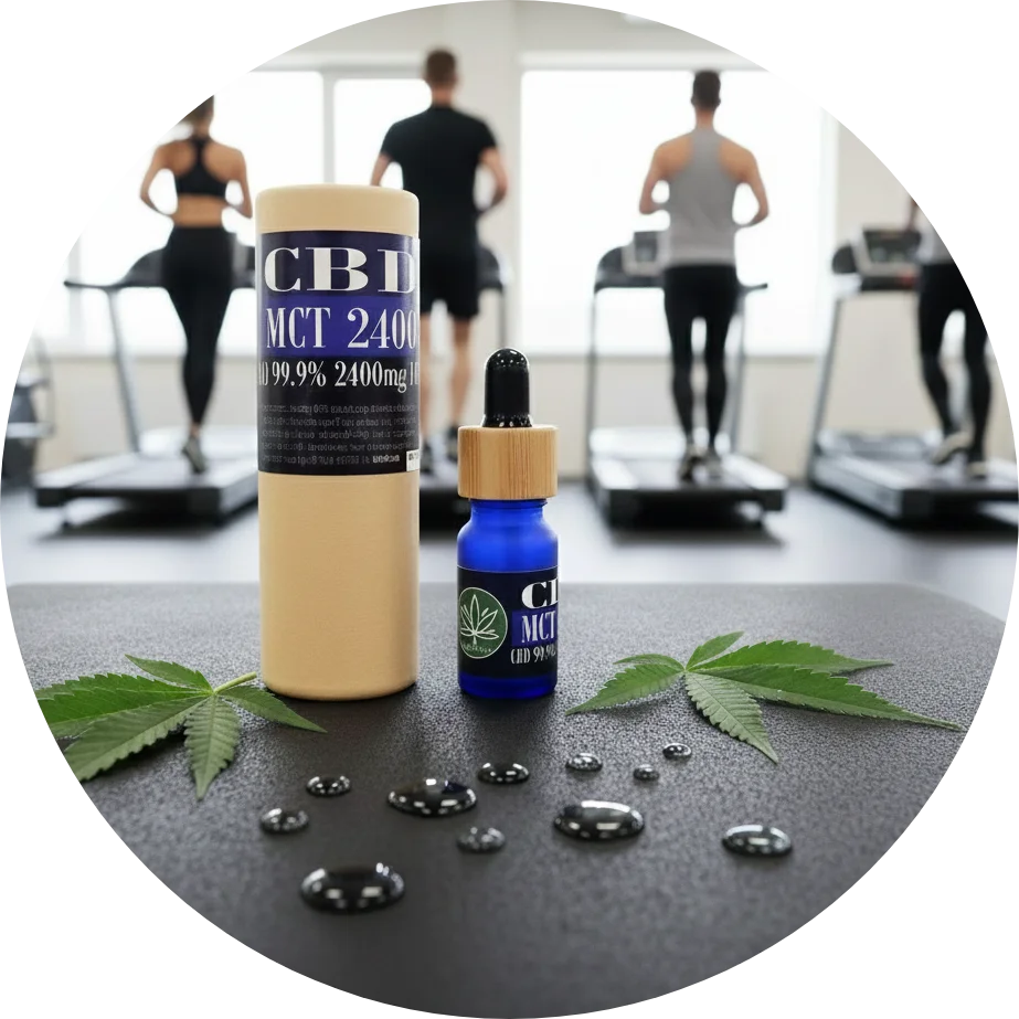CBDITALY CBD MCT aliejus 24% 2400mg be THC Sportline mėlynas stiklinis buteliukas kraft pakuotėje sporto salės fone