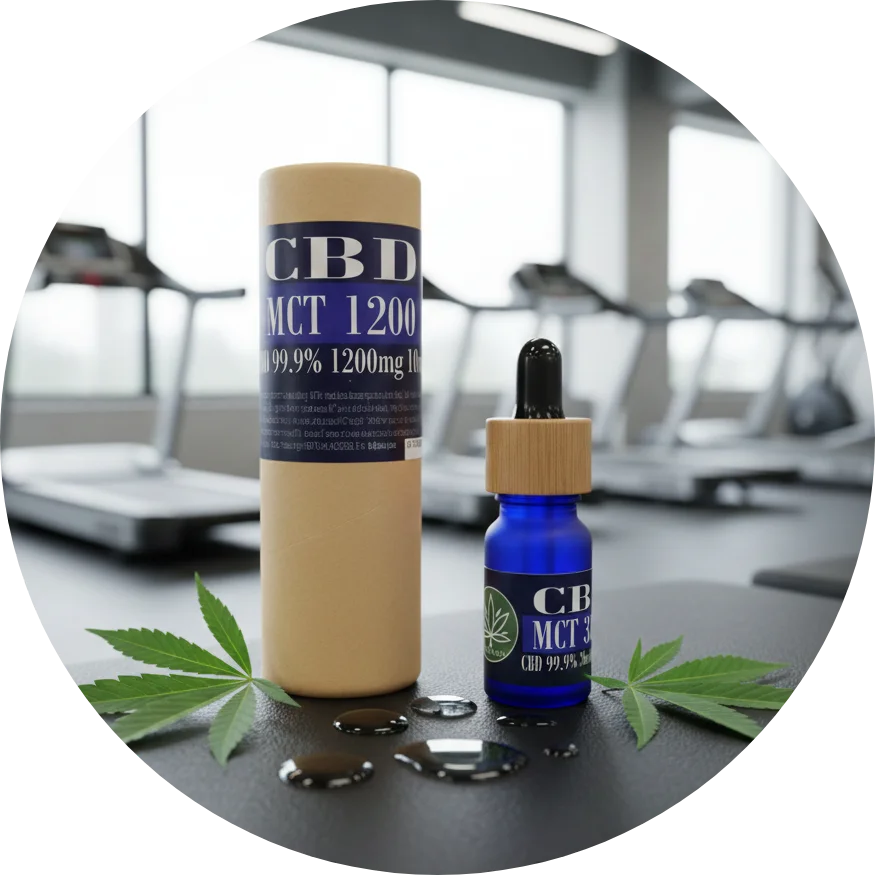 CBDITALY CBD MCT aliejus 12% 1200mg be THC Sportline mėlynas stiklinis buteliukas kraft pakuotėje sporto salės fone