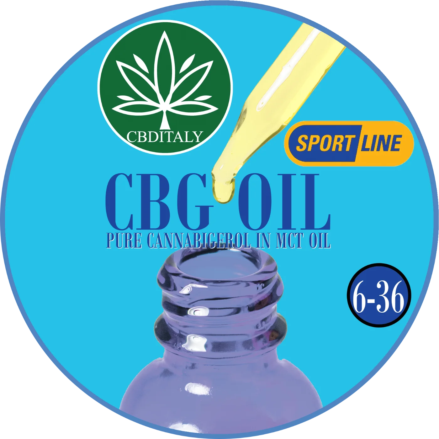 CBDITALY CBG Oil Sportline grynas kannabigerolis MCT aliejuje, mėlynas stiklinis buteliukas su lašintuvu, koncentracija 6-36