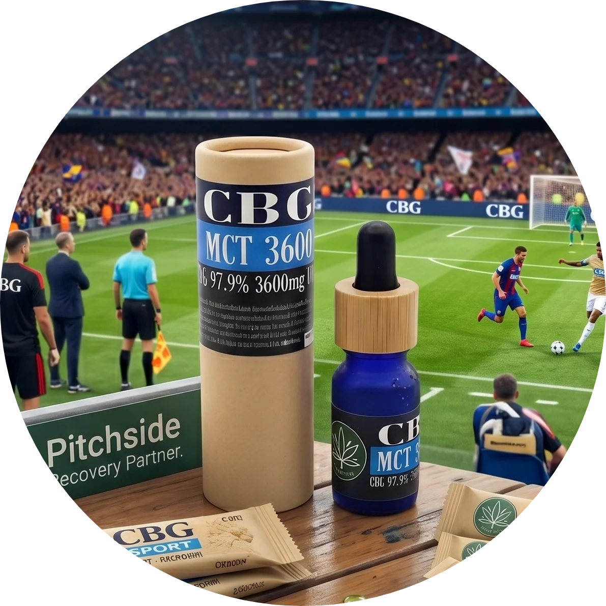 CBDITALY CBG MCT aliejus 36% 3600mg be THC Sportline mėlynas stiklinis buteliukas kraft pakuotėje futbolo aikštės pakraštyje