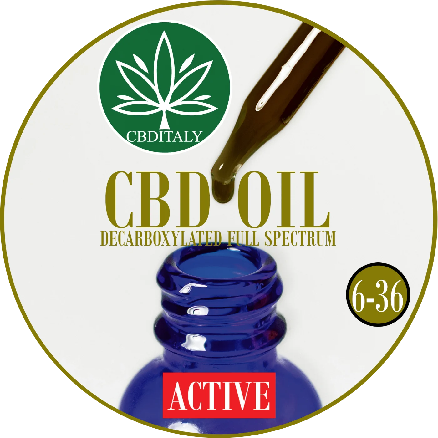CBDITALY CBD Oil Active dekarboksilintas viso spektro mėlynas stiklinis buteliukas su lašintuvu, koncentracija 6-36