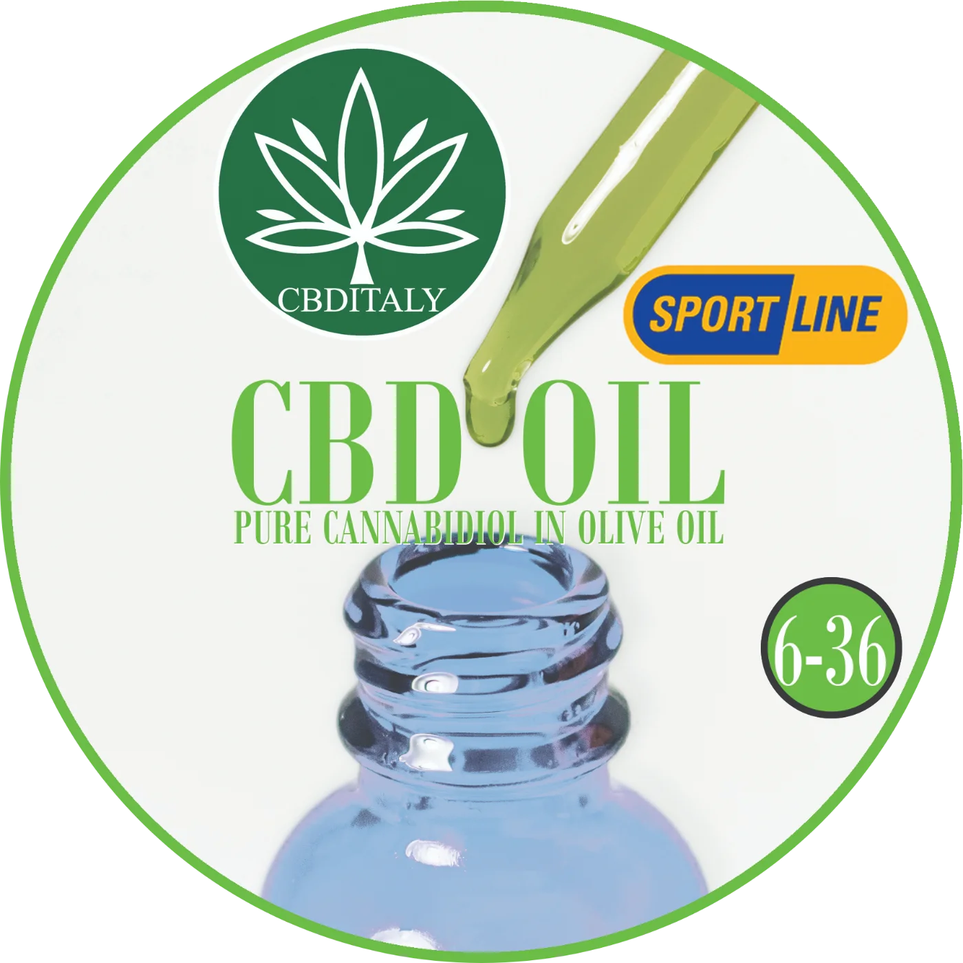 CBDITALY CBD Oil Sportline grynas kannabidiolis alyvuogių aliejuje, mėlynas stiklinis buteliukas su lašintuvu, koncentracija 6-36